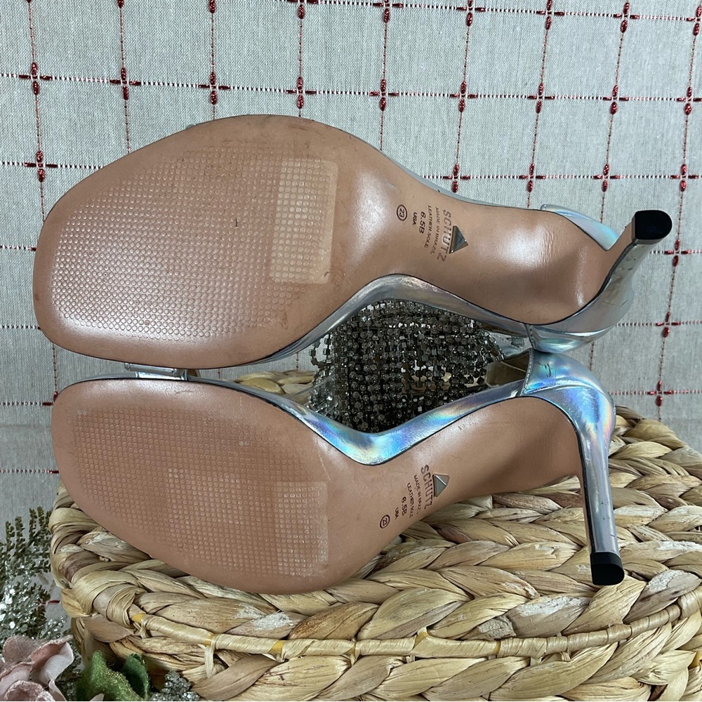 SCHUTZ “Lory” Iridescent Silver Leather Crystal Fringe Ankle Strappy Heels 6.5 - Picture 5 of 12